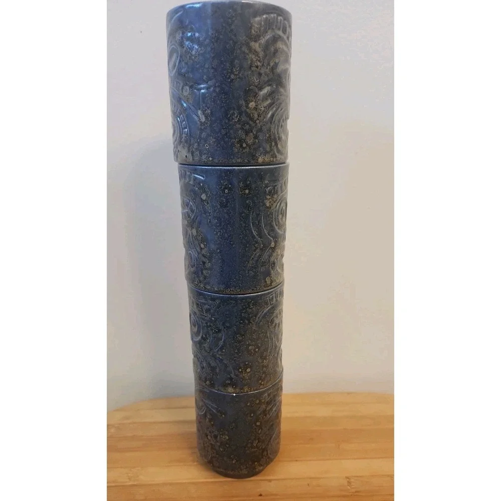 Vtg Set of 4 Tiki Mug Glass Cup Dark Blue Metallic Glaze Glossy Hawaiian Beach